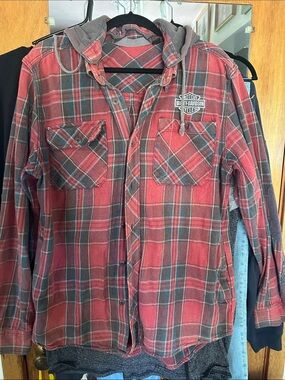 Harley-Davidson Red and Gray Plaid flannel Hooded Button-Up Shirt